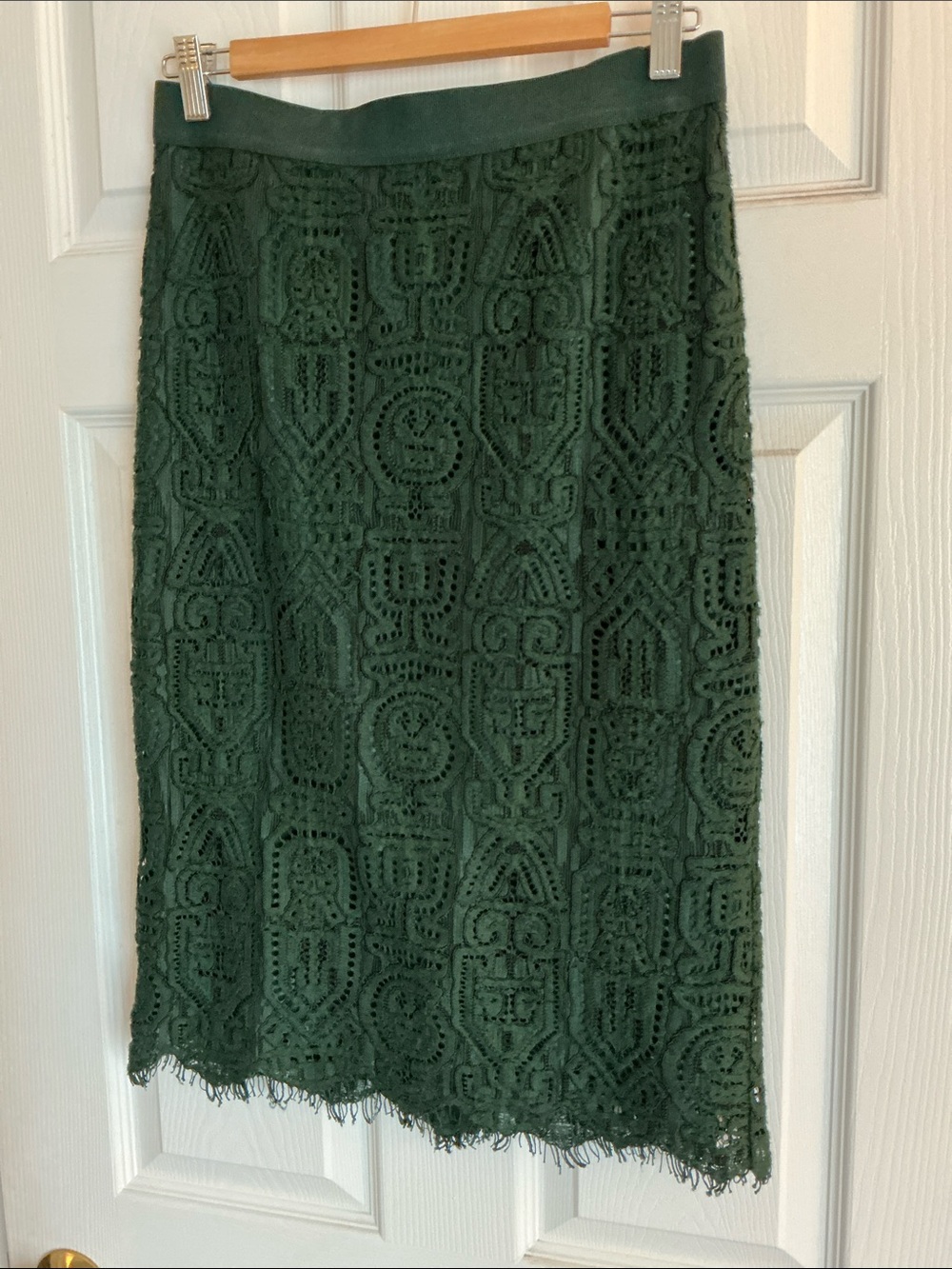 Lace-Textured Dark Green Midi Skirt